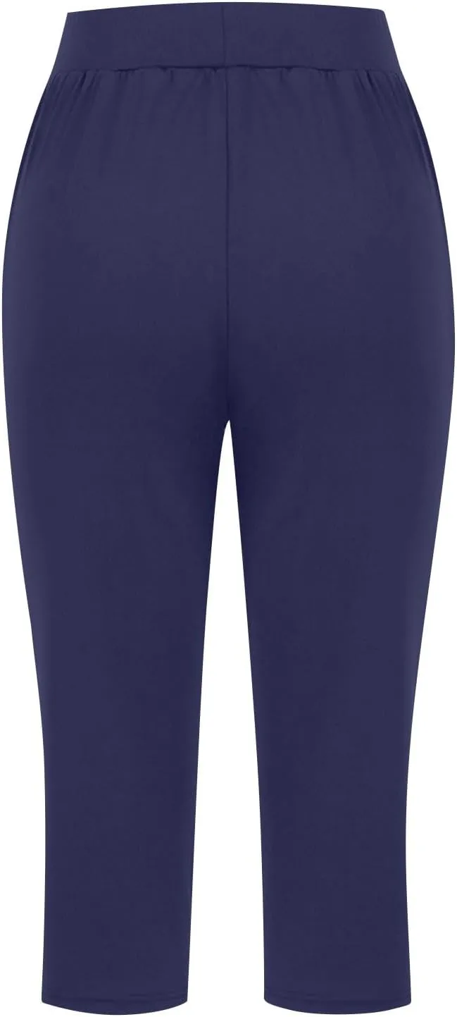 Womens Cropped Capri Pants High Waisted 3/4 Trousers Elasticated Waist Yoga Leggings Solid Color Straight Leg Trouser