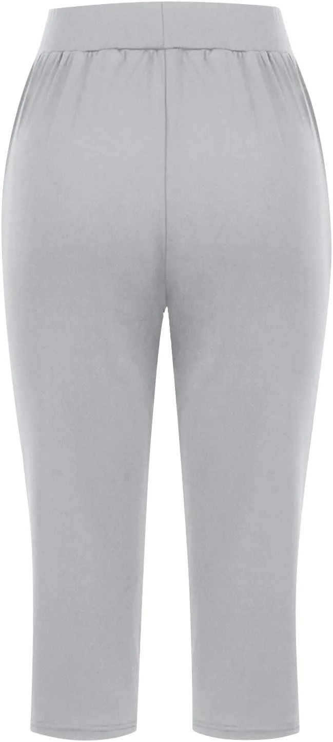 Womens Cropped Capri Pants High Waisted 3/4 Trousers Elasticated Waist Yoga Leggings Solid Color Straight Leg Trouser