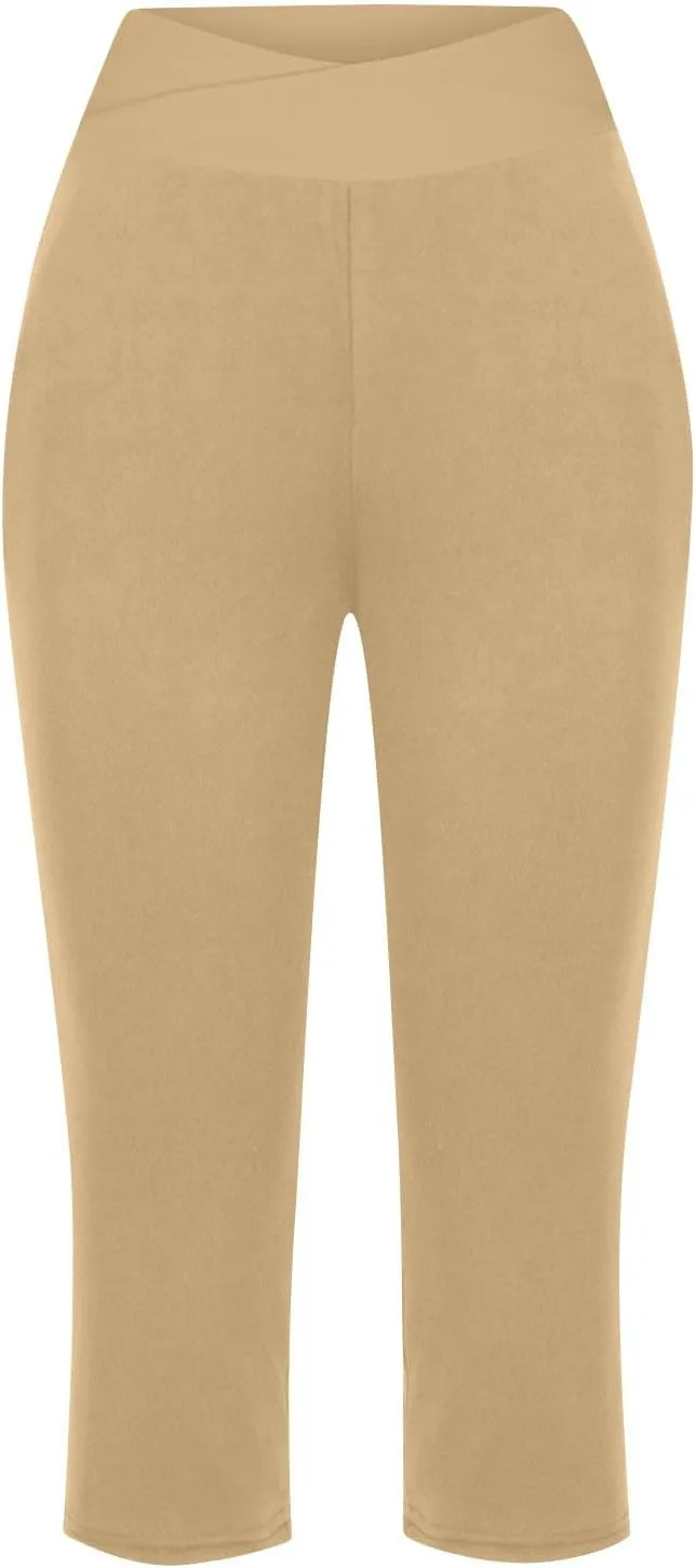 Womens Cropped Capri Pants High Waisted 3/4 Trousers Elasticated Waist Yoga Leggings Solid Color Straight Leg Trouser