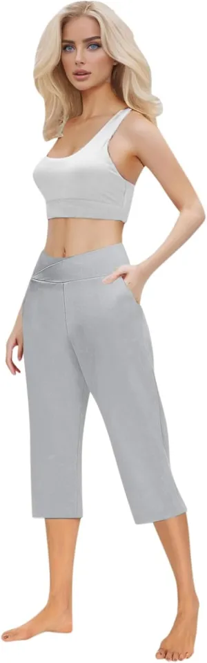 Womens Cropped Capri Pants High Waisted 3/4 Trousers Elasticated Waist Yoga Leggings Solid Color Straight Leg Trouser