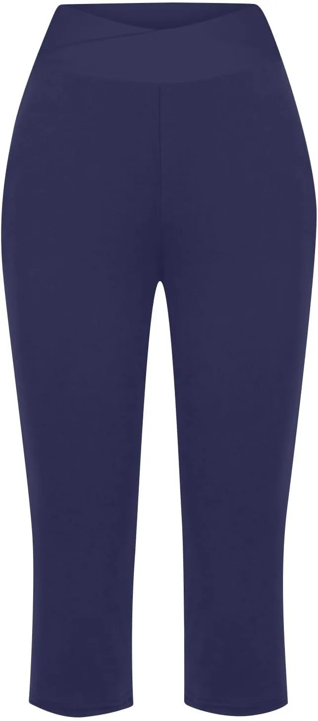 Womens Cropped Capri Pants High Waisted 3/4 Trousers Elasticated Waist Yoga Leggings Solid Color Straight Leg Trouser