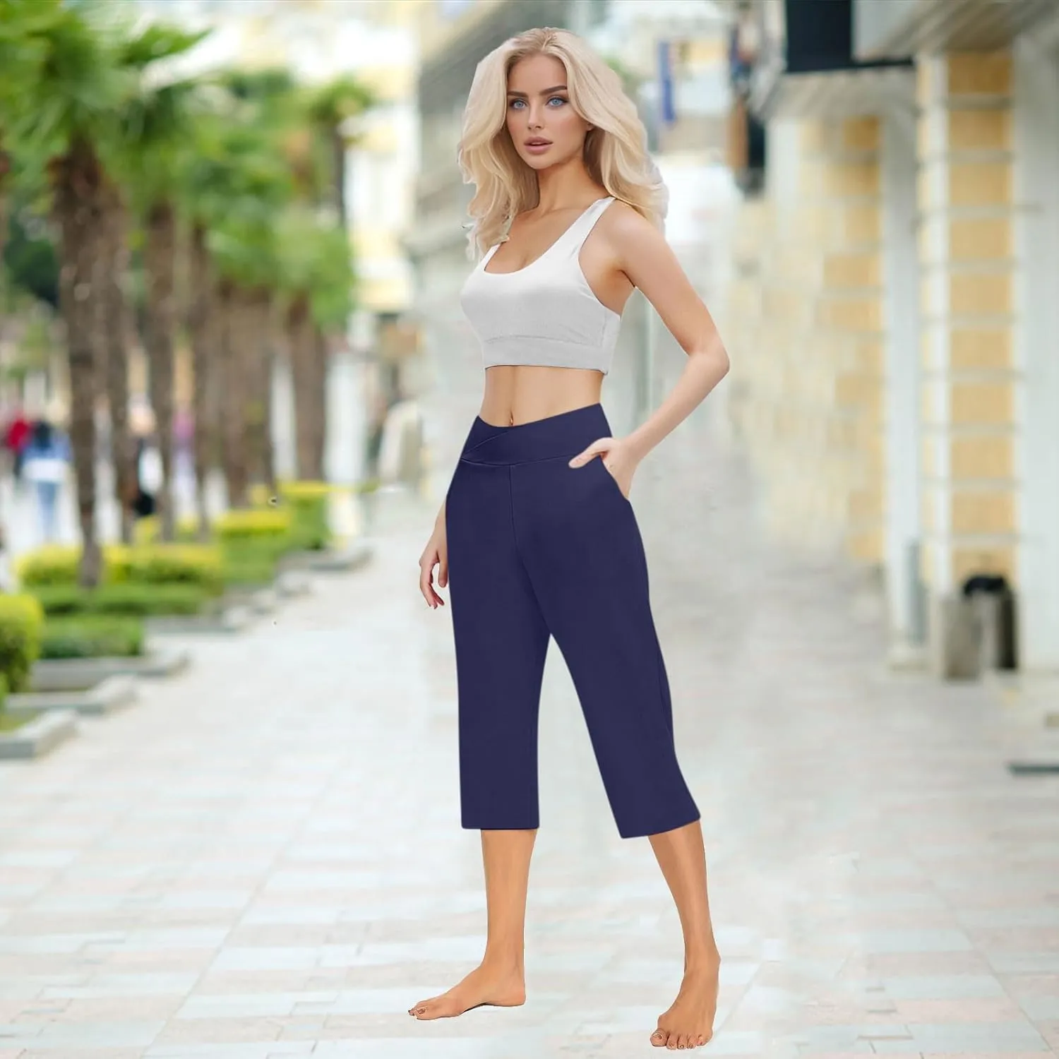 Womens Cropped Capri Pants High Waisted 3/4 Trousers Elasticated Waist Yoga Leggings Solid Color Straight Leg Trouser