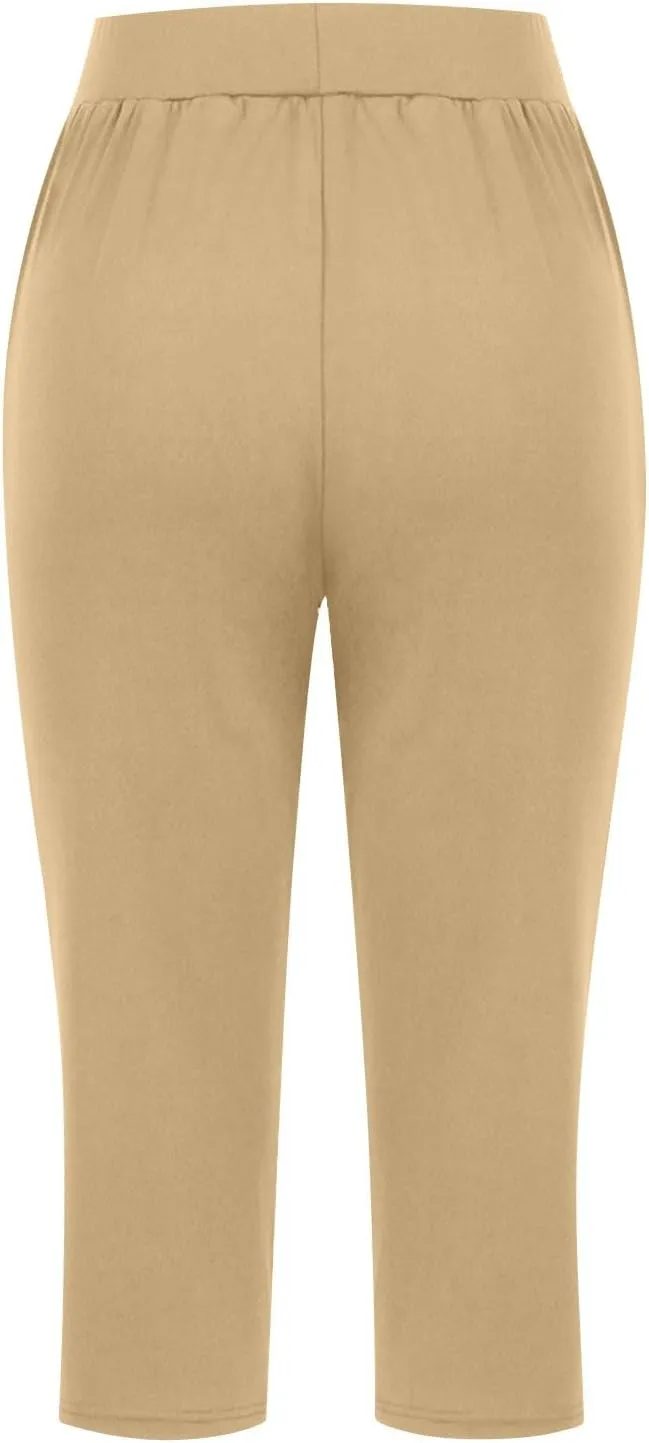 Womens Cropped Capri Pants High Waisted 3/4 Trousers Elasticated Waist Yoga Leggings Solid Color Straight Leg Trouser