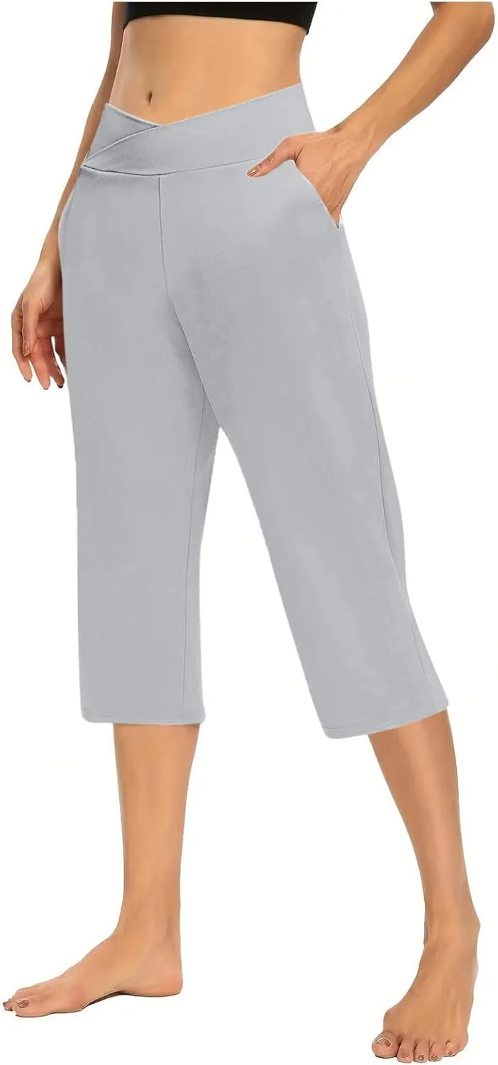 Womens Cropped Capri Pants High Waisted 3/4 Trousers Elasticated Waist Yoga Leggings Solid Color Straight Leg Trouser