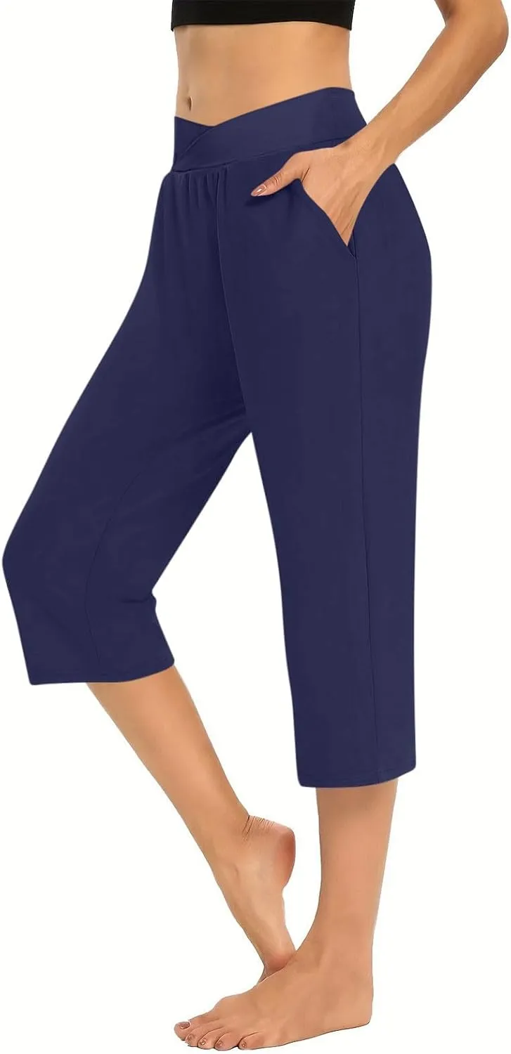 Womens Cropped Capri Pants High Waisted 3/4 Trousers Elasticated Waist Yoga Leggings Solid Color Straight Leg Trouser