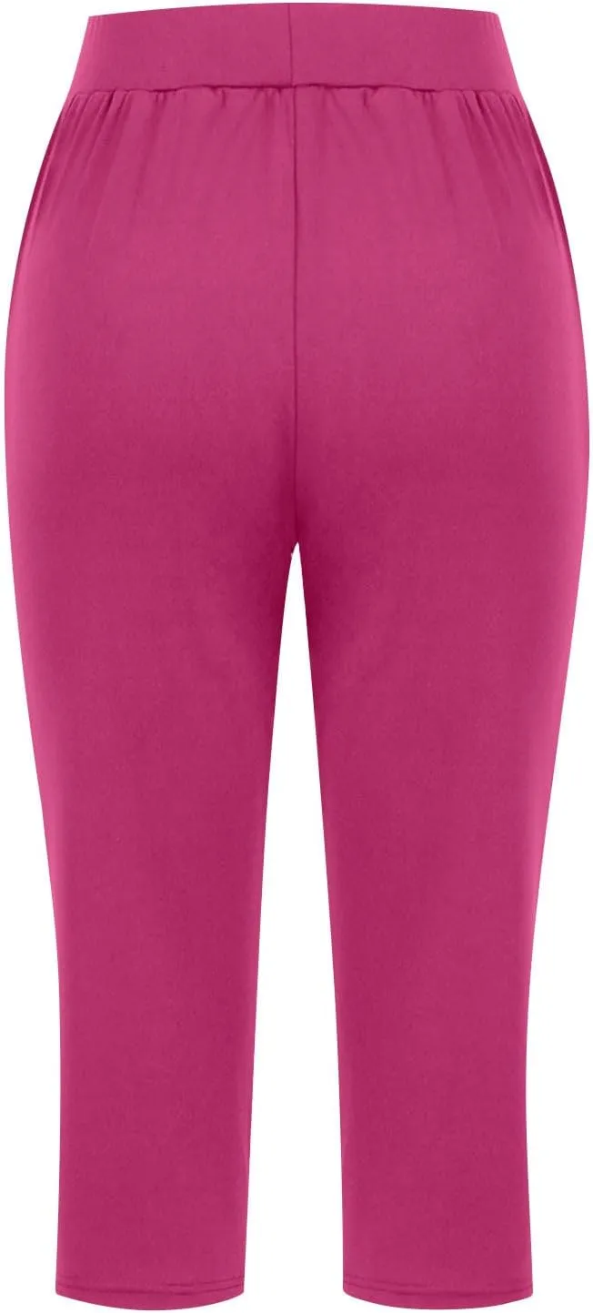 Womens Cropped Capri Pants High Waisted 3/4 Trousers Elasticated Waist Yoga Leggings Solid Color Straight Leg Trouser