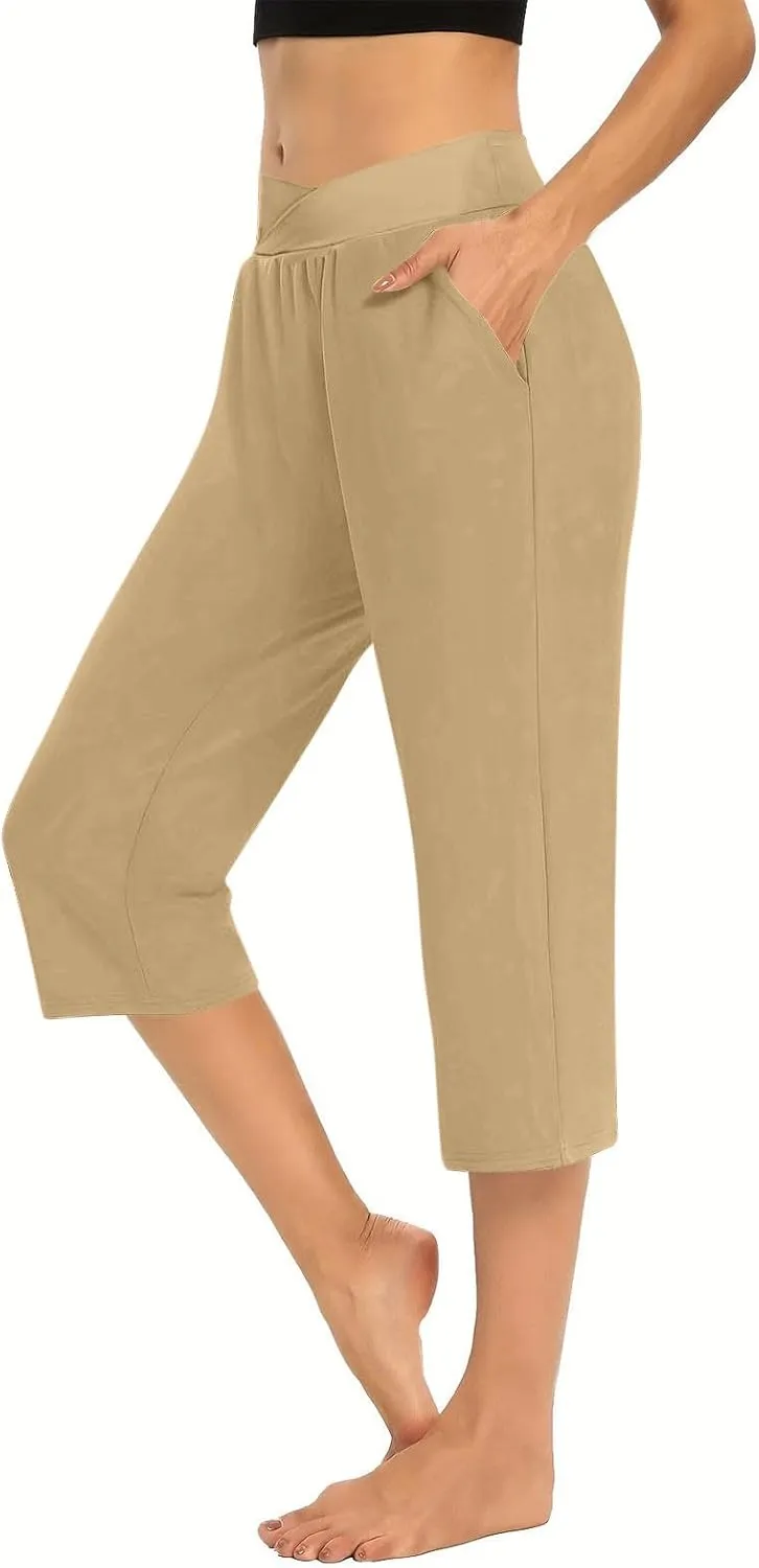Womens Cropped Capri Pants High Waisted 3/4 Trousers Elasticated Waist Yoga Leggings Solid Color Straight Leg Trouser