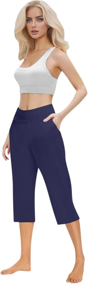 Womens Cropped Capri Pants High Waisted 3/4 Trousers Elasticated Waist Yoga Leggings Solid Color Straight Leg Trouser