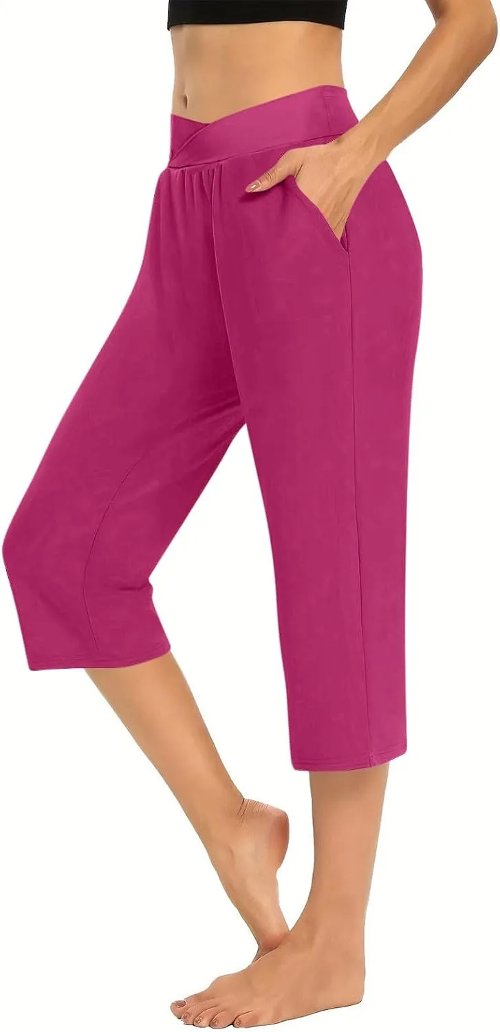 Womens Cropped Capri Pants High Waisted 3/4 Trousers Elasticated Waist Yoga Leggings Solid Color Straight Leg Trouser