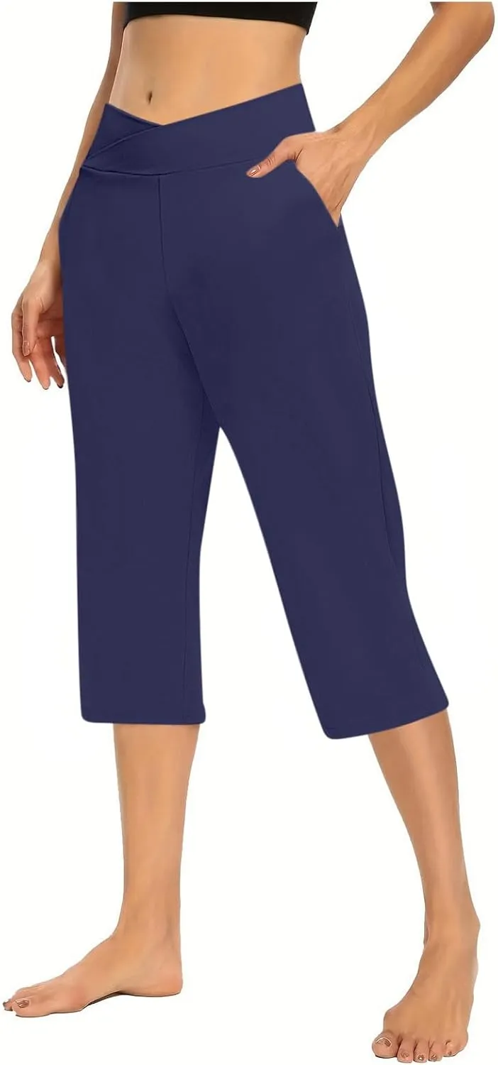 Womens Cropped Capri Pants High Waisted 3/4 Trousers Elasticated Waist Yoga Leggings Solid Color Straight Leg Trouser