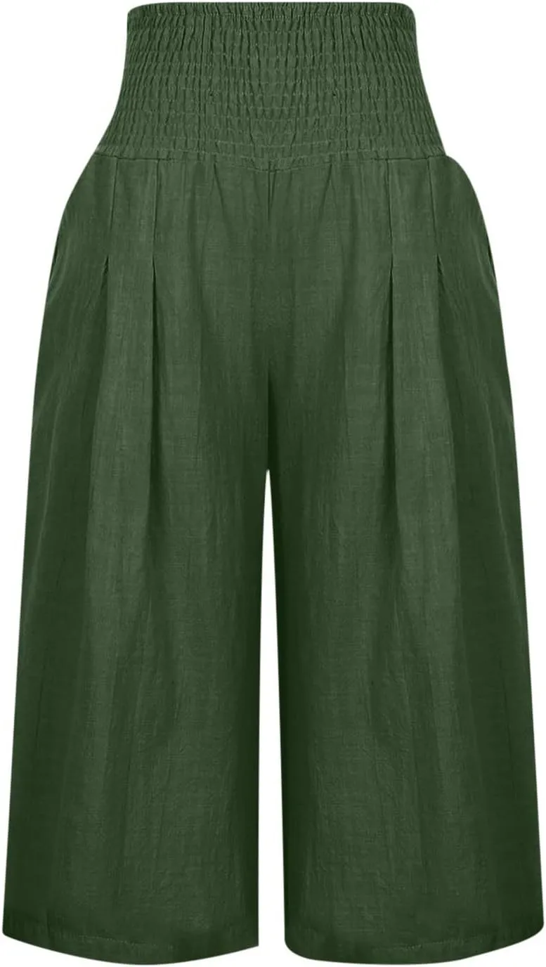 Womens Cropped Capri Pants Ladies 3/4 Length Trousers Loose Wide Leg Sweatpants Elastic Waist Trouser Straight Pant