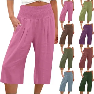 Womens Cropped Capri Pants Ladies 3/4 Length Trousers Loose Wide Leg Sweatpants Elastic Waist Trouser Straight Pant