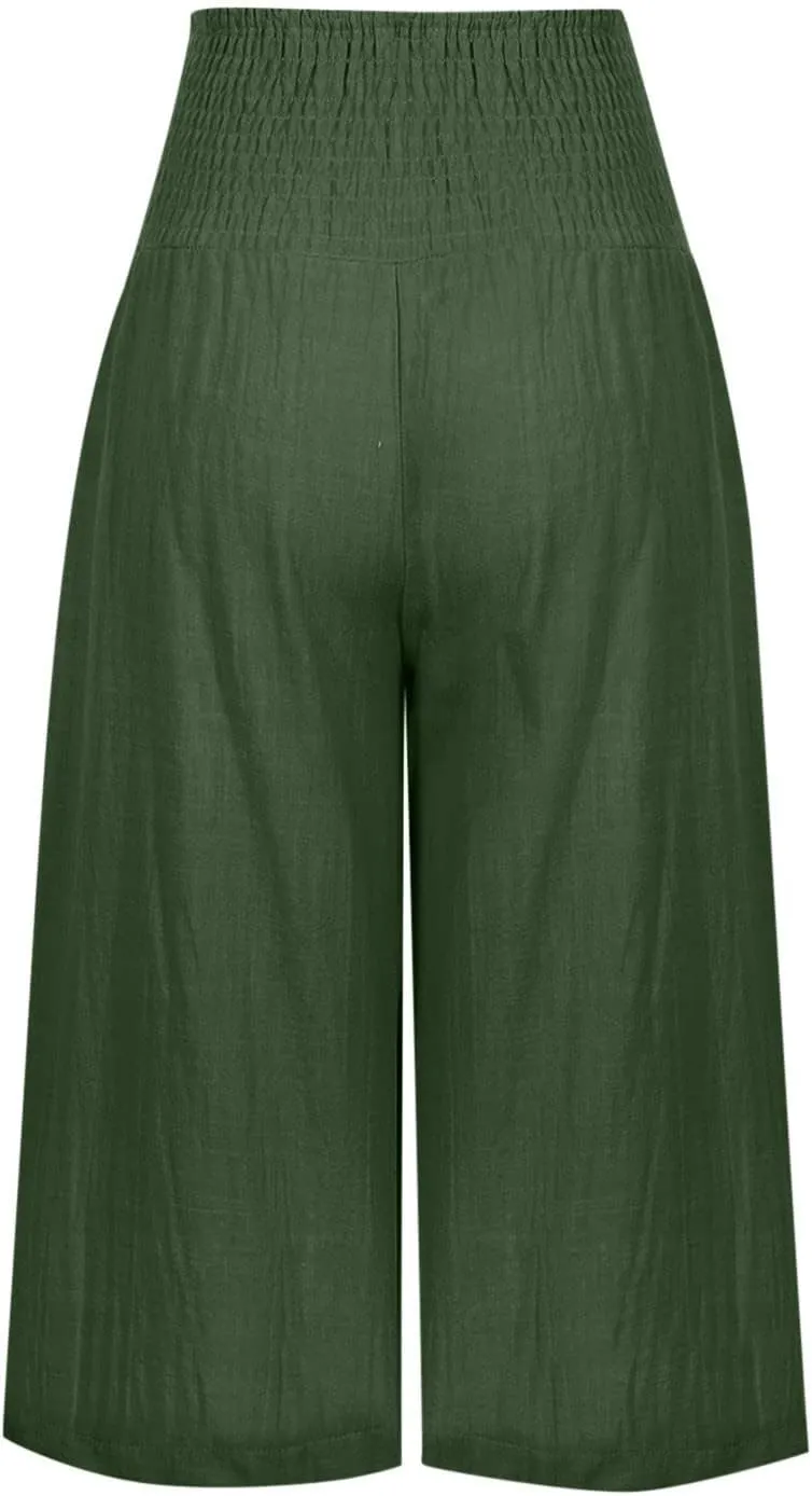 Womens Cropped Capri Pants Ladies 3/4 Length Trousers Loose Wide Leg Sweatpants Elastic Waist Trouser Straight Pant