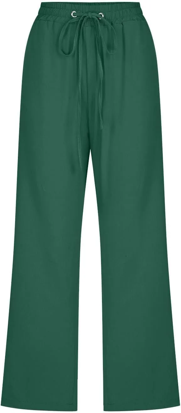 Womens Cropped Linen Pants Dressy Casual with Pockets Summer Capri Pants Straight Leg Drawstring Pants Loose Fit
