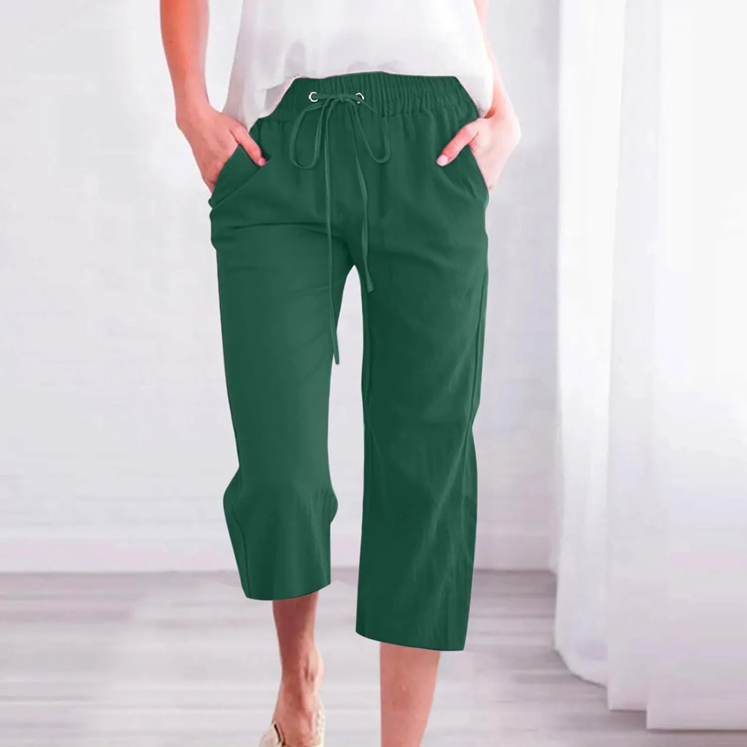 Womens Cropped Linen Pants Dressy Casual with Pockets Summer Capri Pants Straight Leg Drawstring Pants Loose Fit