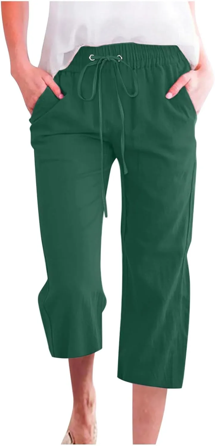 Womens Cropped Linen Pants Dressy Casual with Pockets Summer Capri Pants Straight Leg Drawstring Pants Loose Fit