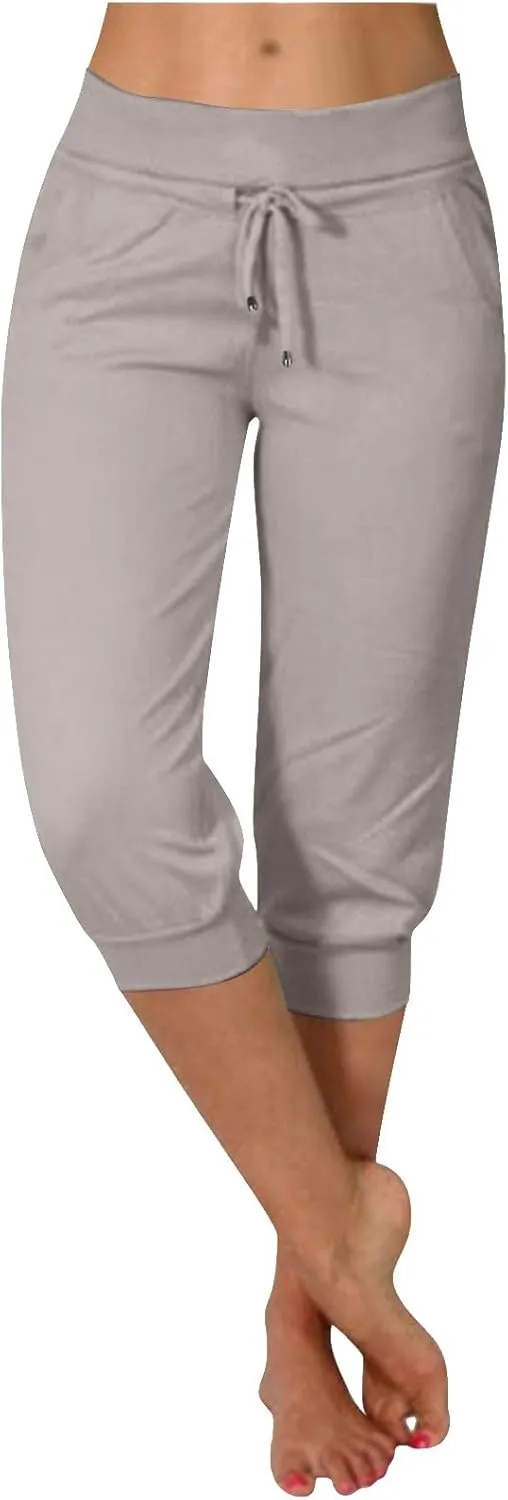 Women's Cropped Trousers Drawstring Capri Pants 3/4 Length Sweatpants Mid Waisted Yoga Pant Elastic Waist Trouser