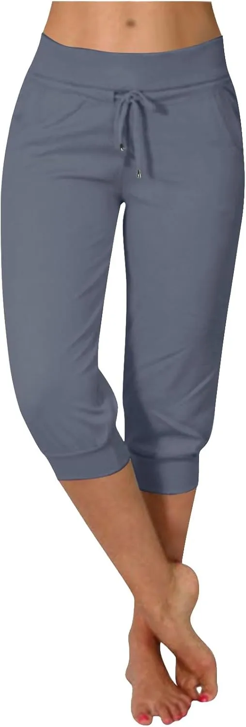 Women's Cropped Trousers Drawstring Capri Pants 3/4 Length Sweatpants Mid Waisted Yoga Pant Elastic Waist Trouser