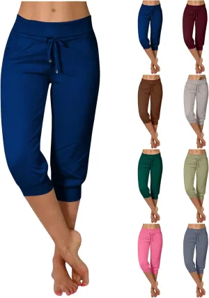 Women's Cropped Trousers Drawstring Capri Pants 3/4 Length Sweatpants Mid Waisted Yoga Pant Elastic Waist Trouser