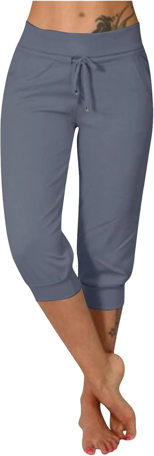 Women's Cropped Trousers Drawstring Capri Pants 3/4 Length Sweatpants Mid Waisted Yoga Pant Elastic Waist Trouser