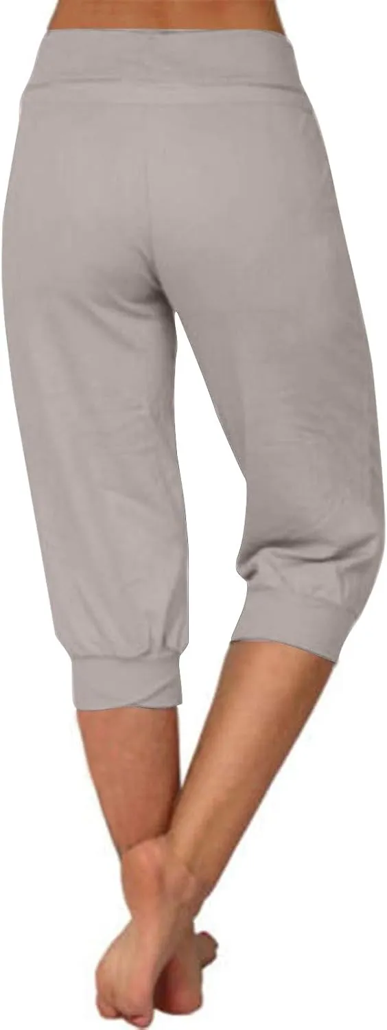 Women's Cropped Trousers Drawstring Capri Pants 3/4 Length Sweatpants Mid Waisted Yoga Pant Elastic Waist Trouser