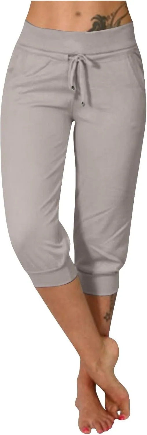 Women's Cropped Trousers Drawstring Capri Pants 3/4 Length Sweatpants Mid Waisted Yoga Pant Elastic Waist Trouser