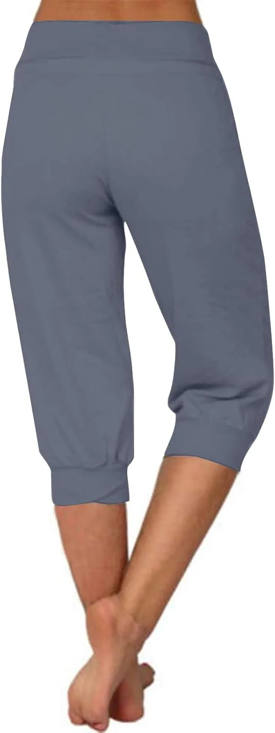 Women's Cropped Trousers Drawstring Capri Pants 3/4 Length Sweatpants Mid Waisted Yoga Pant Elastic Waist Trouser