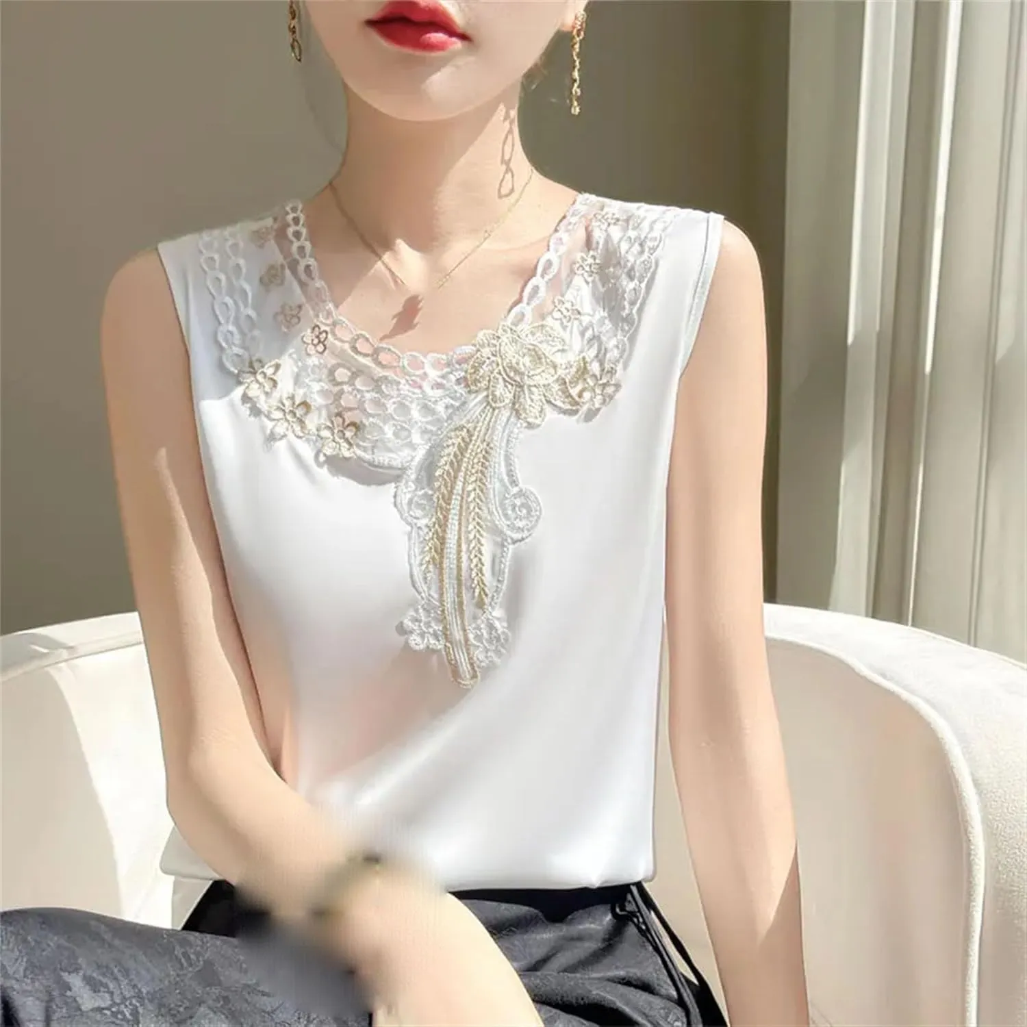 Women's Embroidered Satin Tank Top Camisole Summer Lightweight Round Neck Sleeveless Blouse Loose Fit Casual Work Office Vest
