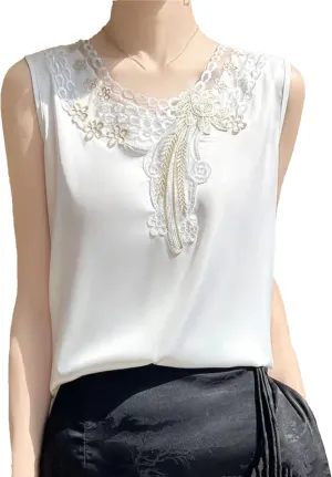 Women's Embroidered Satin Tank Top Camisole Summer Lightweight Round Neck Sleeveless Blouse Loose Fit Casual Work Office Vest