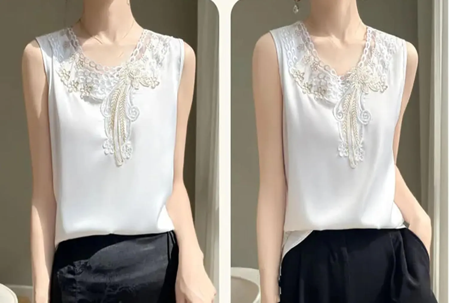 Women's Embroidered Satin Tank Top Camisole Summer Lightweight Round Neck Sleeveless Blouse Loose Fit Casual Work Office Vest