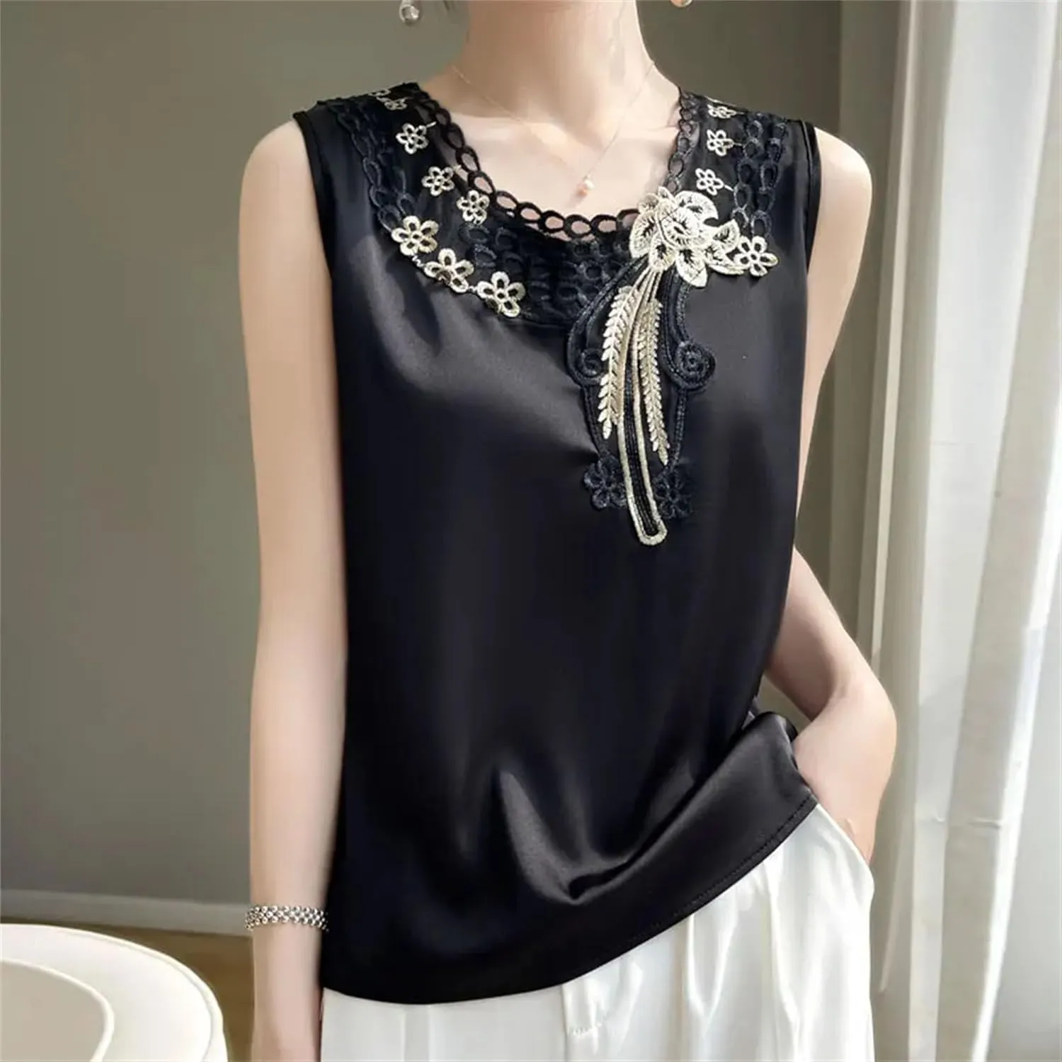 Women's Embroidered Satin Tank Top Camisole Summer Lightweight Round Neck Sleeveless Blouse Loose Fit Casual Work Office Vest