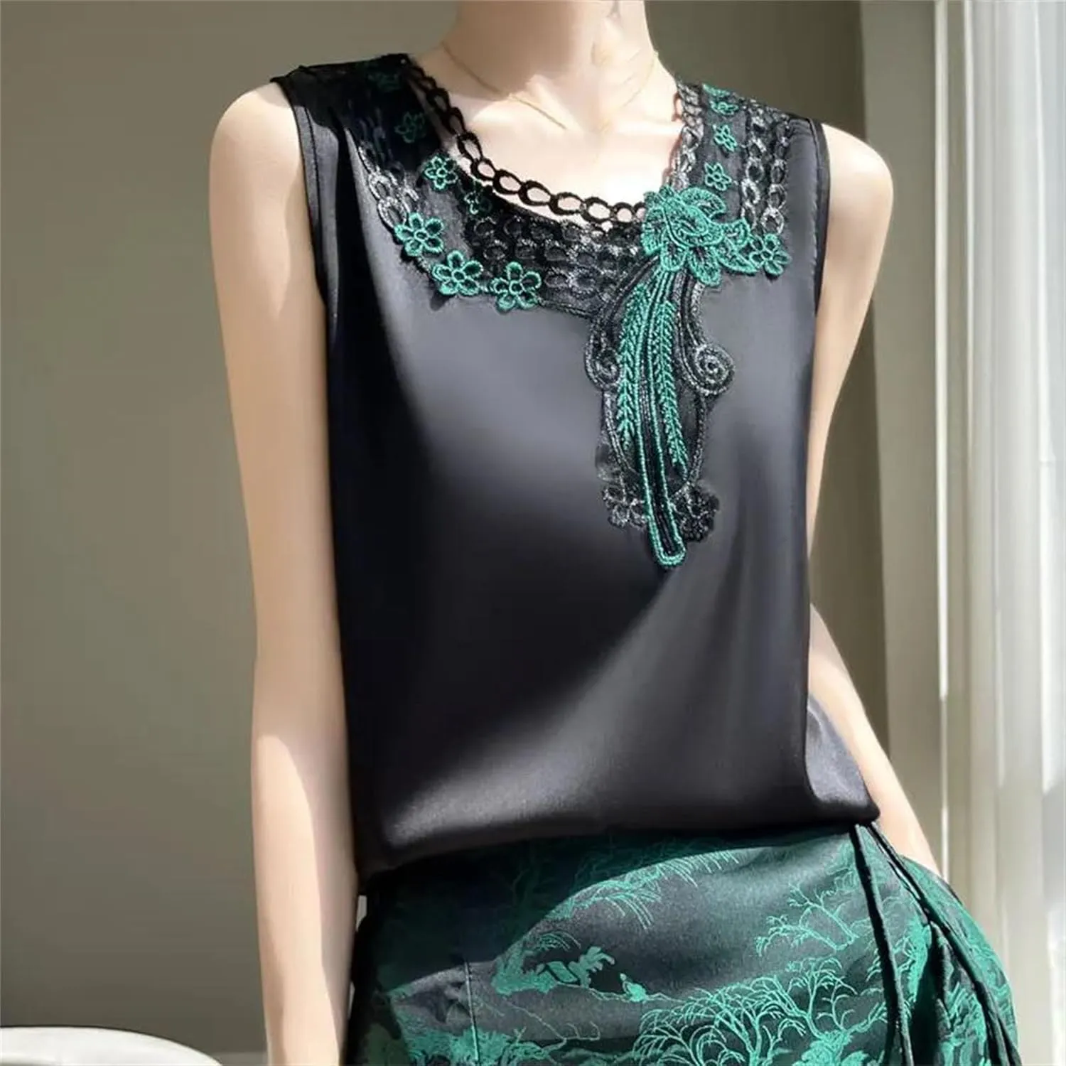 Women's Embroidered Satin Tank Top Camisole Summer Lightweight Round Neck Sleeveless Blouse Loose Fit Casual Work Office Vest