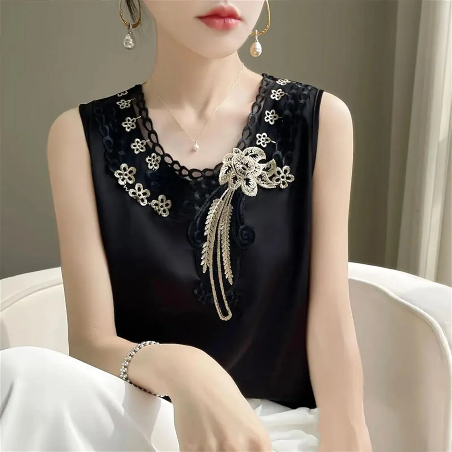 Women's Embroidered Satin Tank Top Camisole Summer Lightweight Round Neck Sleeveless Blouse Loose Fit Casual Work Office Vest