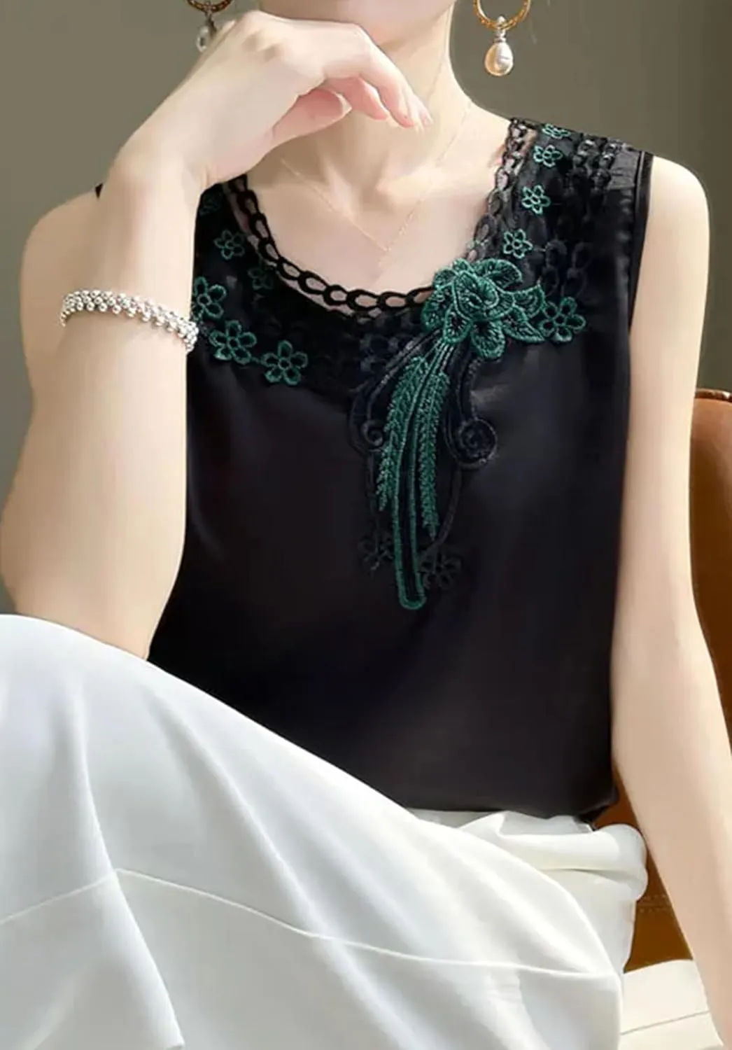 Women's Embroidered Satin Tank Top Camisole Summer Lightweight Round Neck Sleeveless Blouse Loose Fit Casual Work Office Vest
