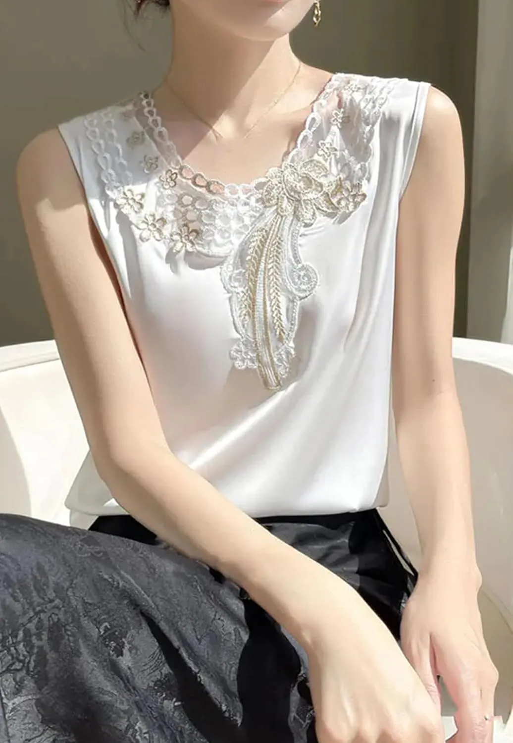 Women's Embroidered Satin Tank Top Camisole Summer Lightweight Round Neck Sleeveless Blouse Loose Fit Casual Work Office Vest