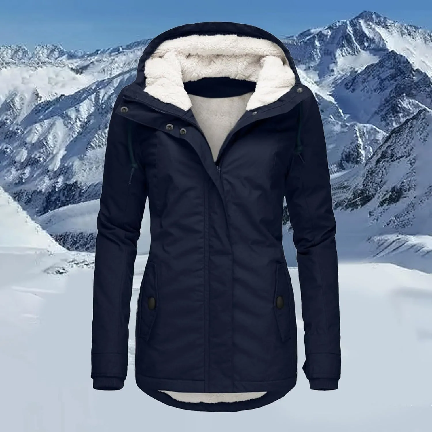 Women's Fleece Jackets Thickened Sherpa Lined Warm Winter Jacket Full Zip Up Slim Fit Solid Color Hooded Tops Outwear