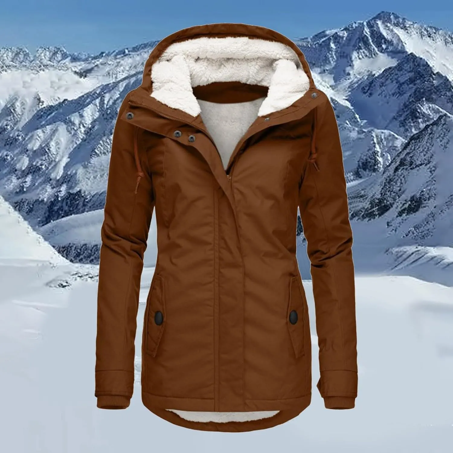 Women's Fleece Jackets Thickened Sherpa Lined Warm Winter Jacket Full Zip Up Slim Fit Solid Color Hooded Tops Outwear