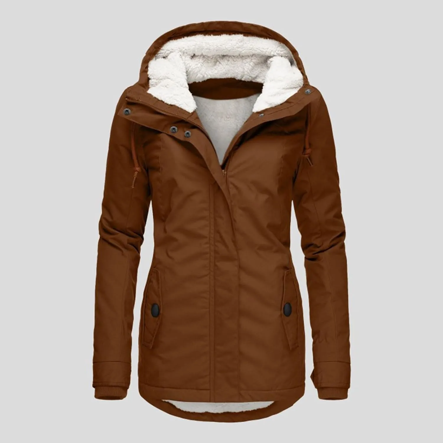 Women's Fleece Jackets Thickened Sherpa Lined Warm Winter Jacket Full Zip Up Slim Fit Solid Color Hooded Tops Outwear