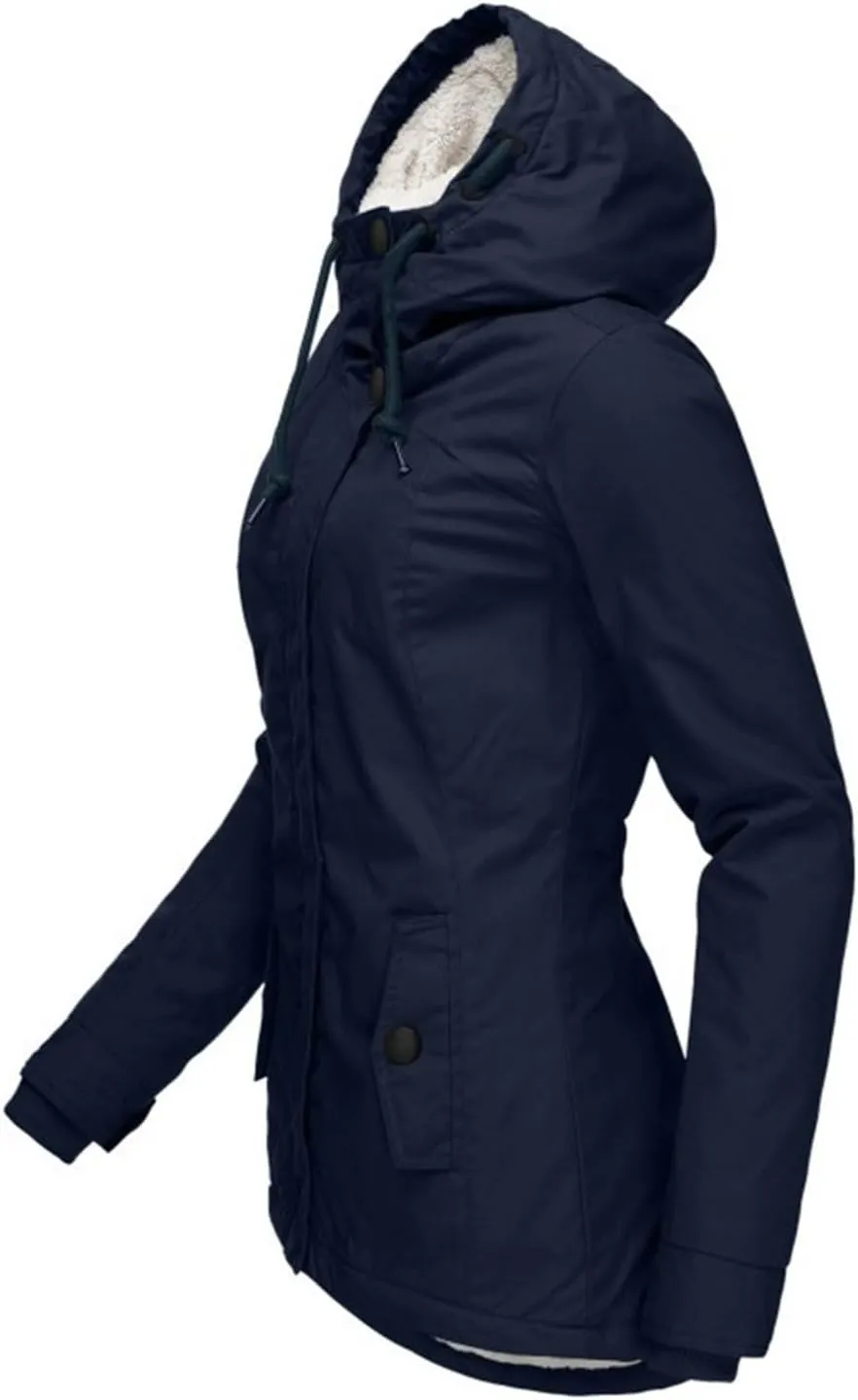 Women's Fleece Jackets Thickened Sherpa Lined Warm Winter Jacket Full Zip Up Slim Fit Solid Color Hooded Tops Outwear