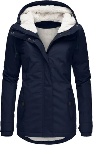 Women's Fleece Jackets Thickened Sherpa Lined Warm Winter Jacket Full Zip Up Slim Fit Solid Color Hooded Tops Outwear