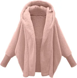 Womens Fleece Jackets Winter Warm Wool Cardigan Sherpa Lined Jacket Long Sleeve Solid Color Hooded Sweater Jacket
