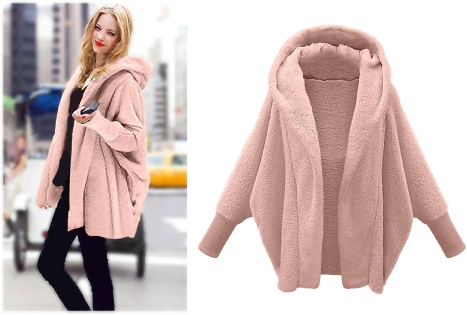 Womens Fleece Jackets Winter Warm Wool Cardigan Sherpa Lined Jacket Long Sleeve Solid Color Hooded Sweater Jacket