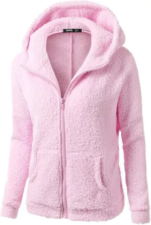 Womens Fuzzy Fleece Jacket Sherpa Lined Slim Fit Zip Up Hooded Sweatshirts Long Sleeve Warm Winter Cardigans Jackets