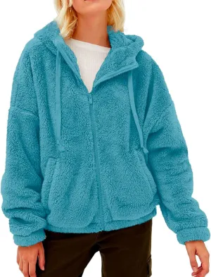 Womens Fuzzy Fleece Open Front Hooded Cardigan Jackets Sherpa Drawstring Solid Hoodie Outerwear Coats with Pockets