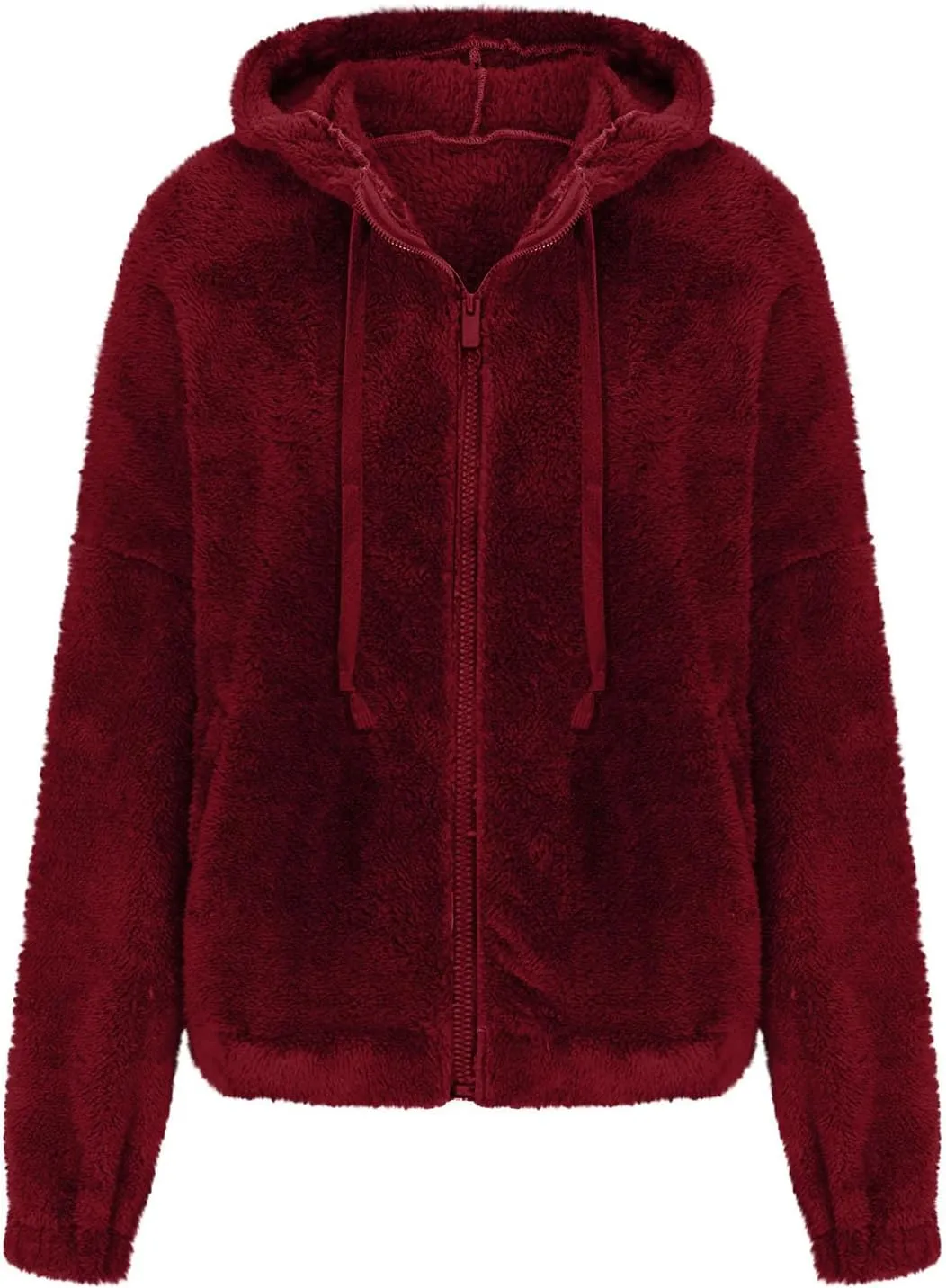 Womens Fuzzy Fleece Open Front Hooded Cardigan Jackets Sherpa Drawstring Solid Hoodie Outerwear Coats with Pockets