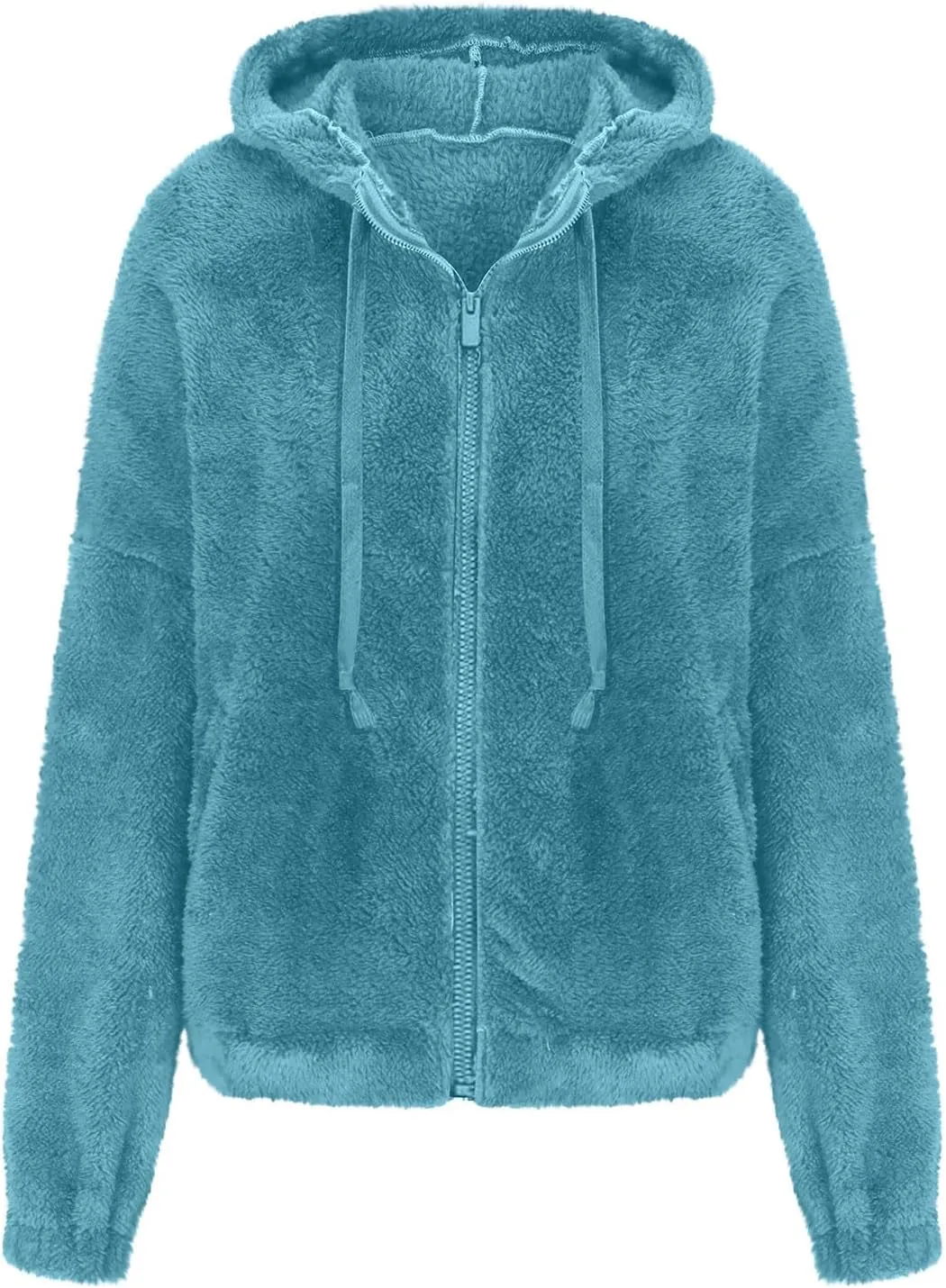 Womens Fuzzy Fleece Open Front Hooded Cardigan Jackets Sherpa Drawstring Solid Hoodie Outerwear Coats with Pockets