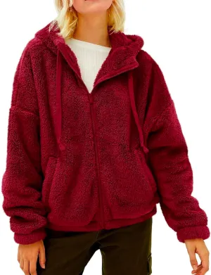 Womens Fuzzy Fleece Open Front Hooded Cardigan Jackets Sherpa Drawstring Solid Hoodie Outerwear Coats with Pockets