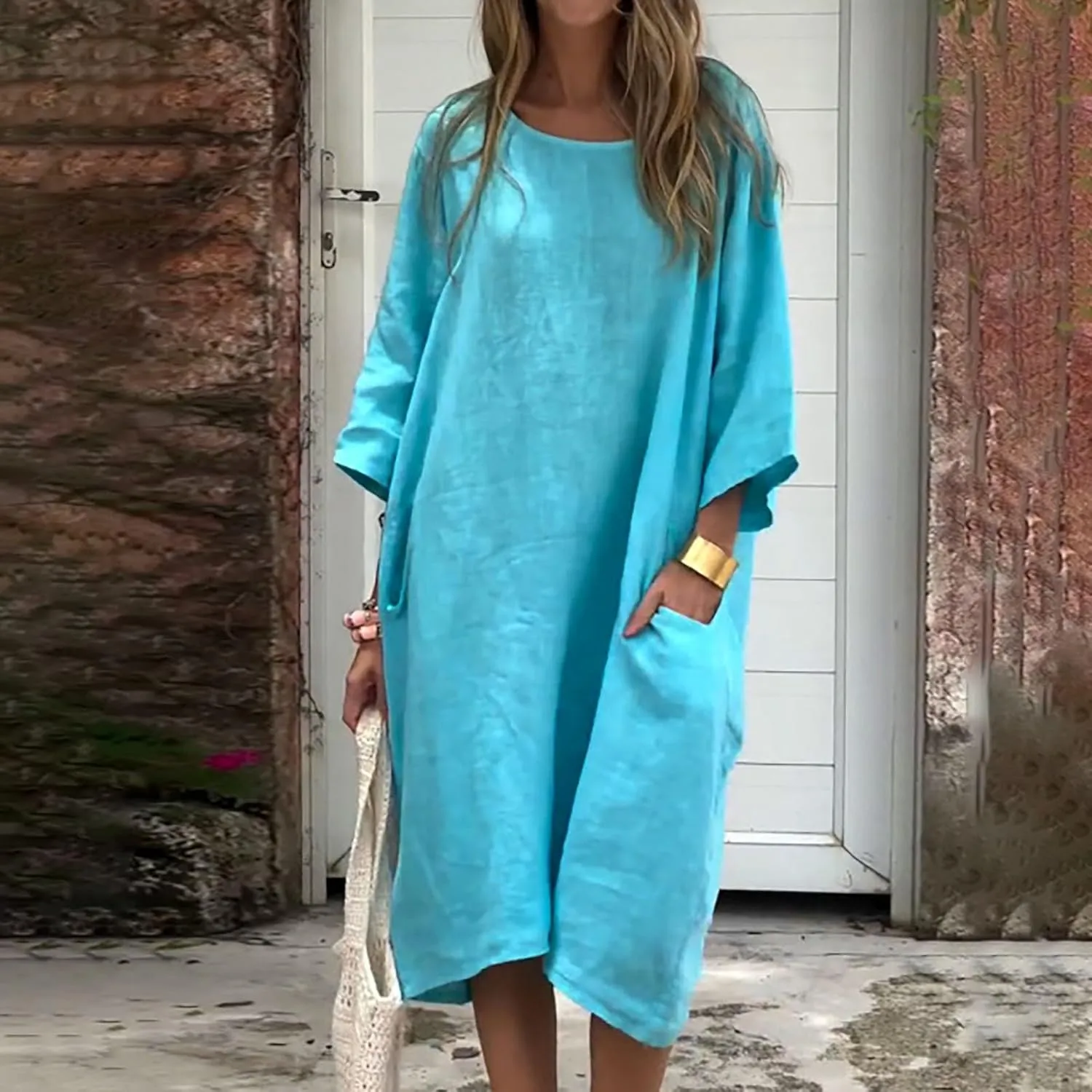 Women's Half Sleeve Maxi Cotton Linen Dress Relaxed Ruched Slit Crew Neck Flowy Vacation Modest Dresses with Pockets
