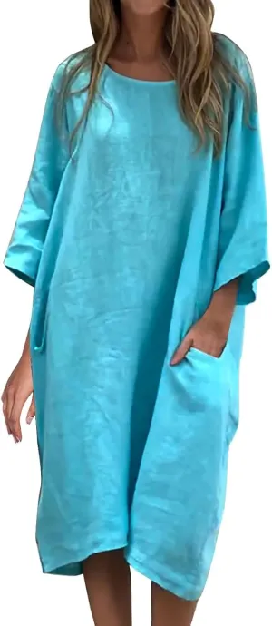 Women's Half Sleeve Maxi Cotton Linen Dress Relaxed Ruched Slit Crew Neck Flowy Vacation Modest Dresses with Pockets