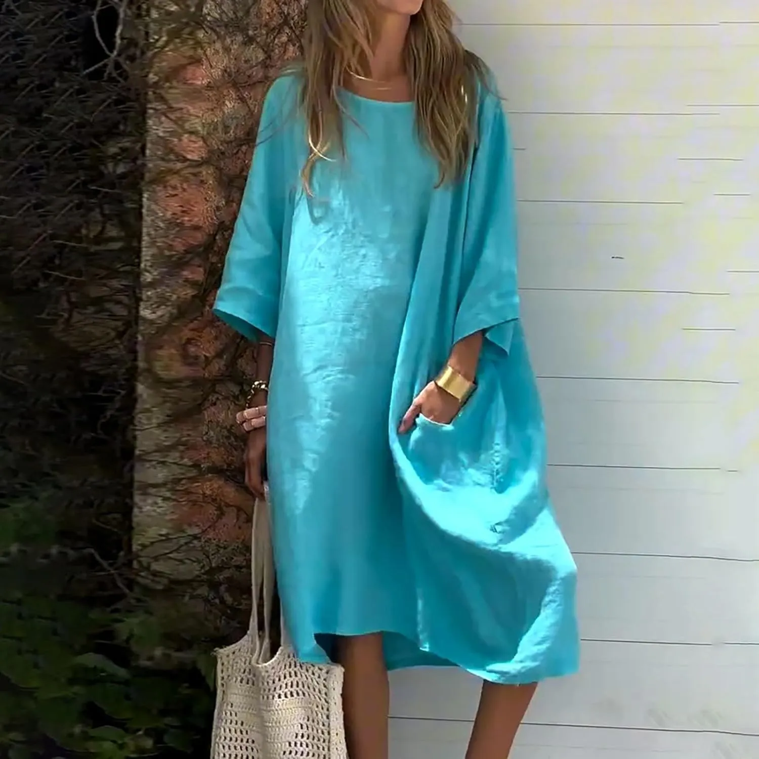 Women's Half Sleeve Maxi Cotton Linen Dress Relaxed Ruched Slit Crew Neck Flowy Vacation Modest Dresses with Pockets